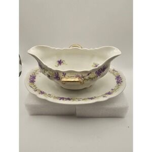 Limoges France Porcelain Gravy Boat Attached Underplate Violet Floral Gold Trim